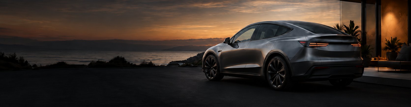Grey electric SUV parked outside a modern coastal home at sunset